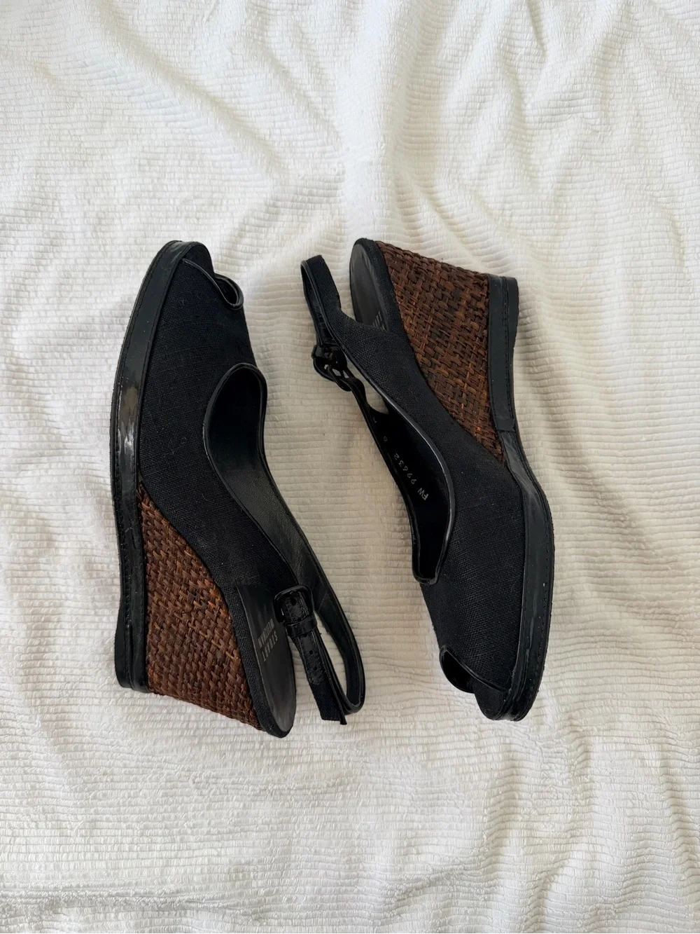 Stuart Weitzman Black linen Peep-Toe Slingback Wedges with Brown Woven Heel